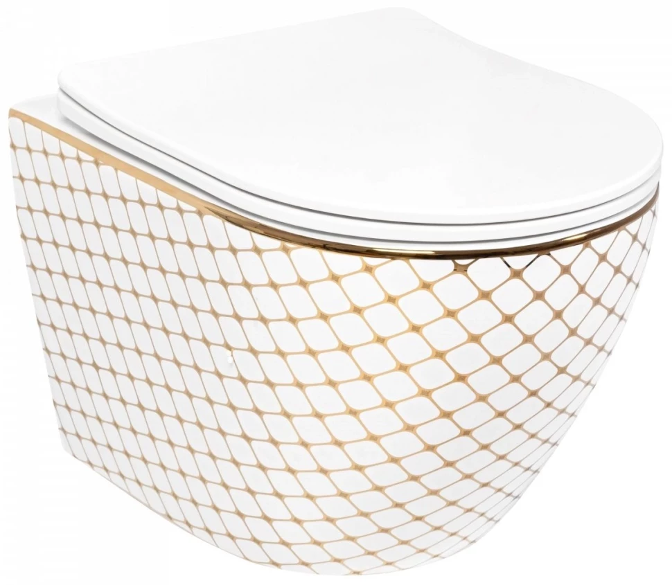 Унитаз подвесной Rea Carlos REA-C5100 безободковый, с сиденьем микролифт, белый/золото 
Унитаз подвесной Rea Carlos REA-C5100 безободковый, с сиденьем микролифт, белый/золото