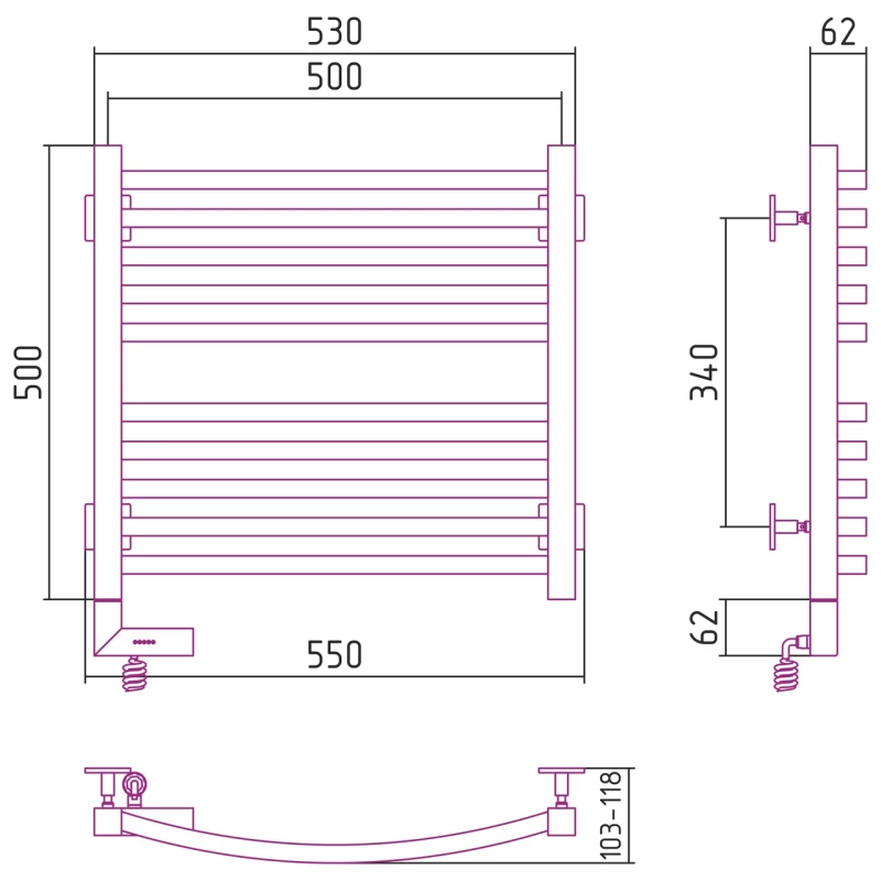 Полотенцесушитель электрический 500x500 состаренная латунь МЭМ левый Сунержа Аркус 2.0 051-5604-5050