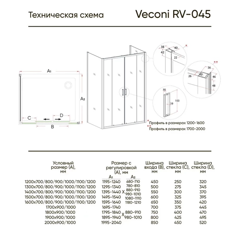 Душевой уголок 190x100 см Veconi Rovigo RV045-190100PR-01-19C1 прозрачное