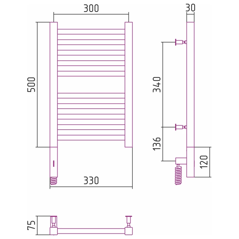 Полотенцесушитель электрический 500x300 сатин МЭМ правый Сунержа Модус 3.0 071-5701-5030