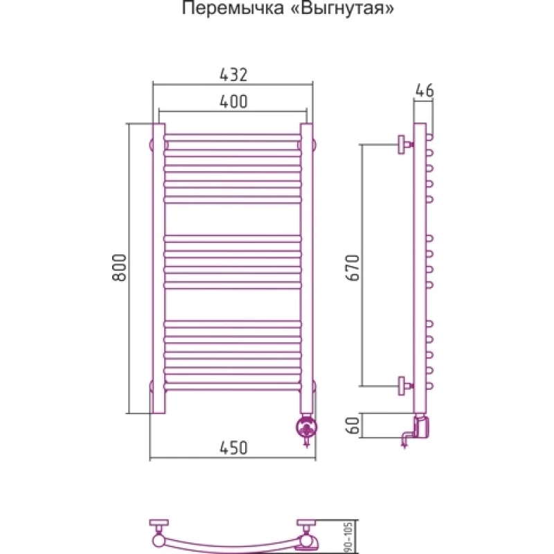 Полотенцесушитель электрический 800x400 ТЭН левый, перемычка выгнутая Сунержа Богема 00-0502-8040