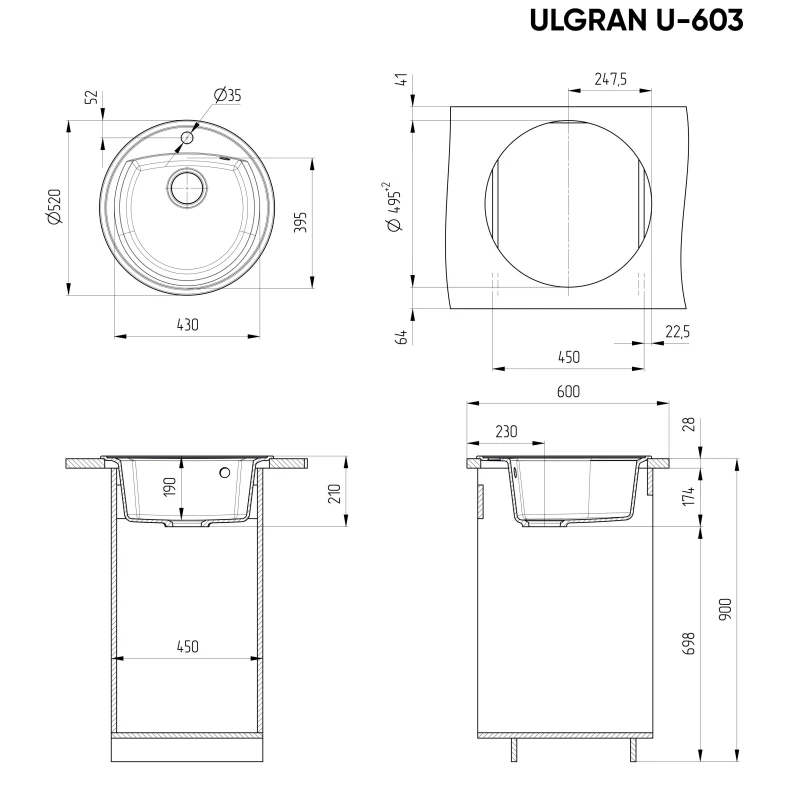 Кухонная мойка Ulgran антрацит U-603-343