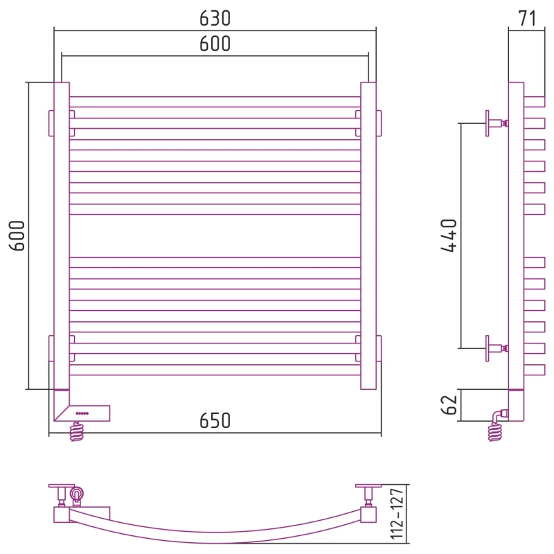 Полотенцесушитель электрический 600x600 графит МЭМ левый Сунержа Аркус 2.0 012-5604-6060