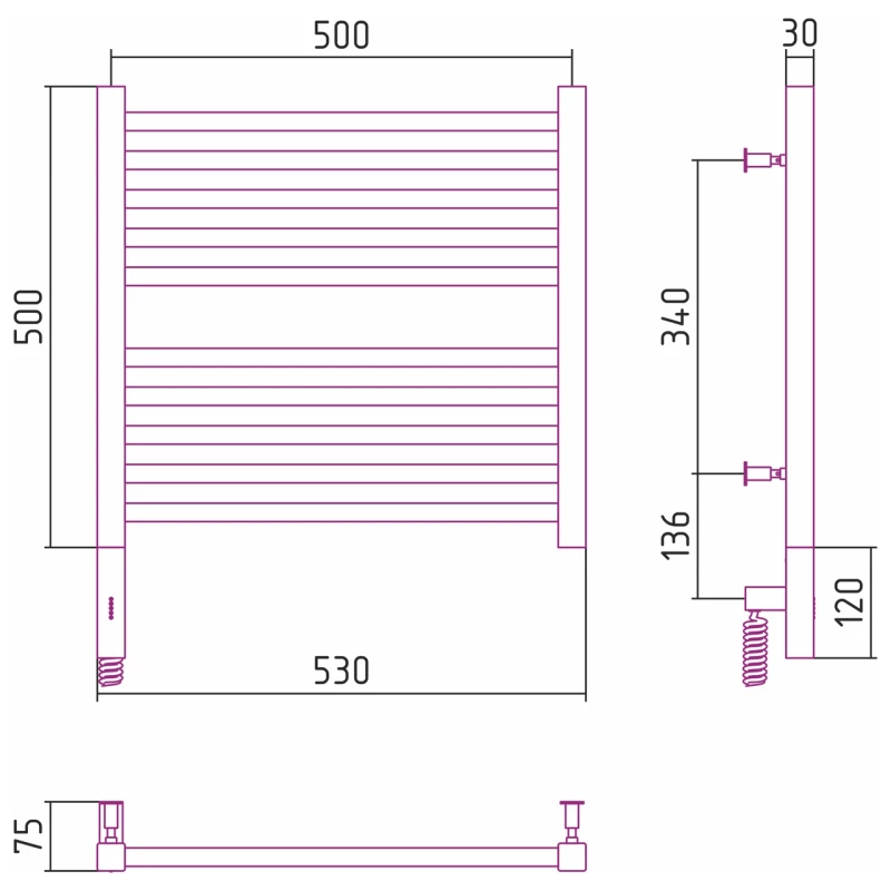 Полотенцесушитель электрический 500x500 сатин МЭМ правый Сунержа Модус 3.0 071-5701-5050
