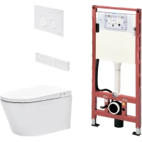 Комплект инсталляция с унитазом Tece TECEspring loop S955797 с кнопкой смыва, белый матовый + электронный унитаз-биде подвесной Tece TECEspring Smart L безободковый, торнадо, с сиденьем микролифт, белый