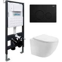 Комплект инсталляция с унитазом Abber AC1100-AC0105-AC0121MB с кнопкой смыва, черный матовый + унитаз подвесной Abber Bequem безободковый, с сиденьем микролифт, белый