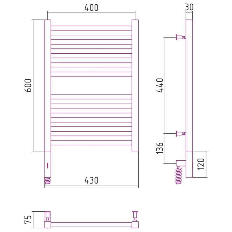 Полотенцесушитель электрический 600x400 сатин МЭМ правый Сунержа Модус 3.0 071-5701-6040