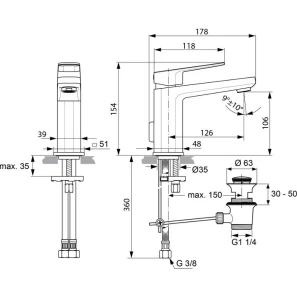 Изображение товара смеситель для раковины с донным клапаном ideal standard tonic ii a6326aa