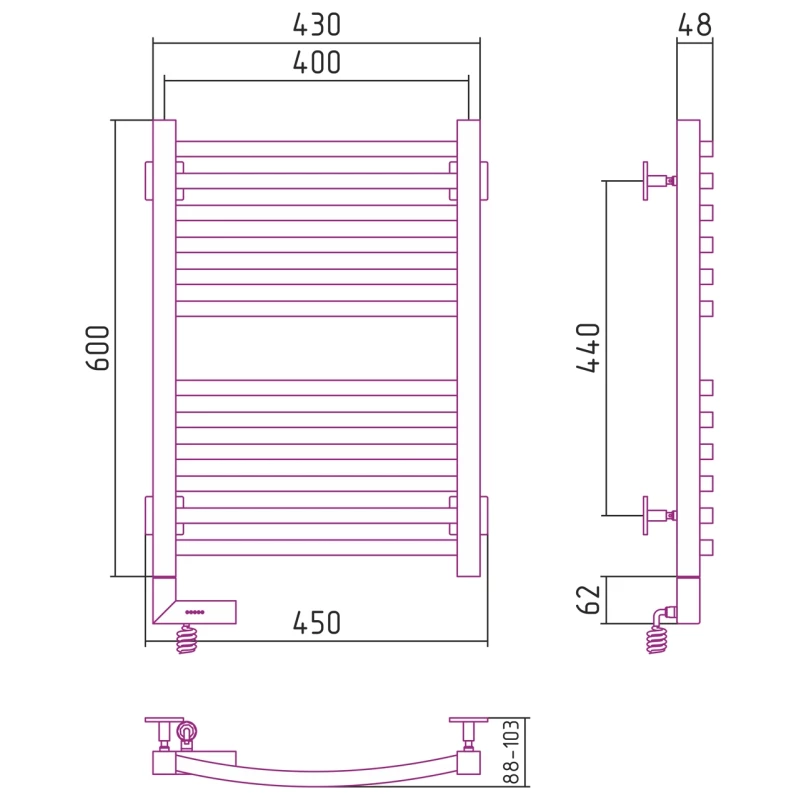 Полотенцесушитель электрический 600x400 графит МЭМ левый Сунержа Аркус 2.0 012-5604-6040