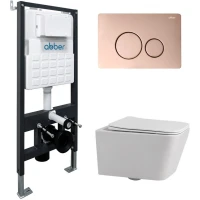 Комплект инсталляция с унитазом Abber AC1201-AC0105-AC0121RG с кнопкой смыва, розовое золото + унитаз подвесной Abber Rechteck безободковый, с сиденьем микролифт, белый