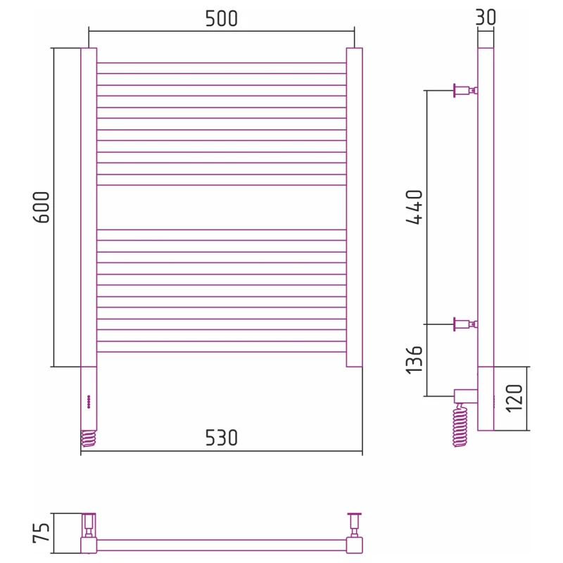 Полотенцесушитель электрический 600x500 сатин МЭМ правый Сунержа Модус 3.0 071-5701-6050