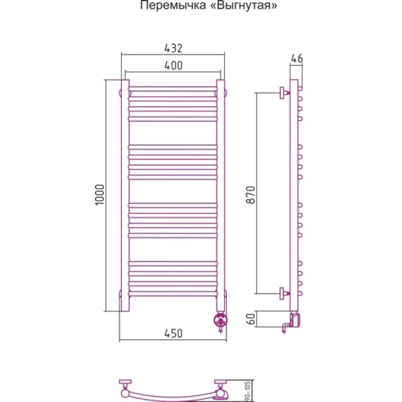 Полотенцесушитель электрический 1000x400 ТЭН левый, перемычка выгнутая Сунержа Богема 00-0502-1040