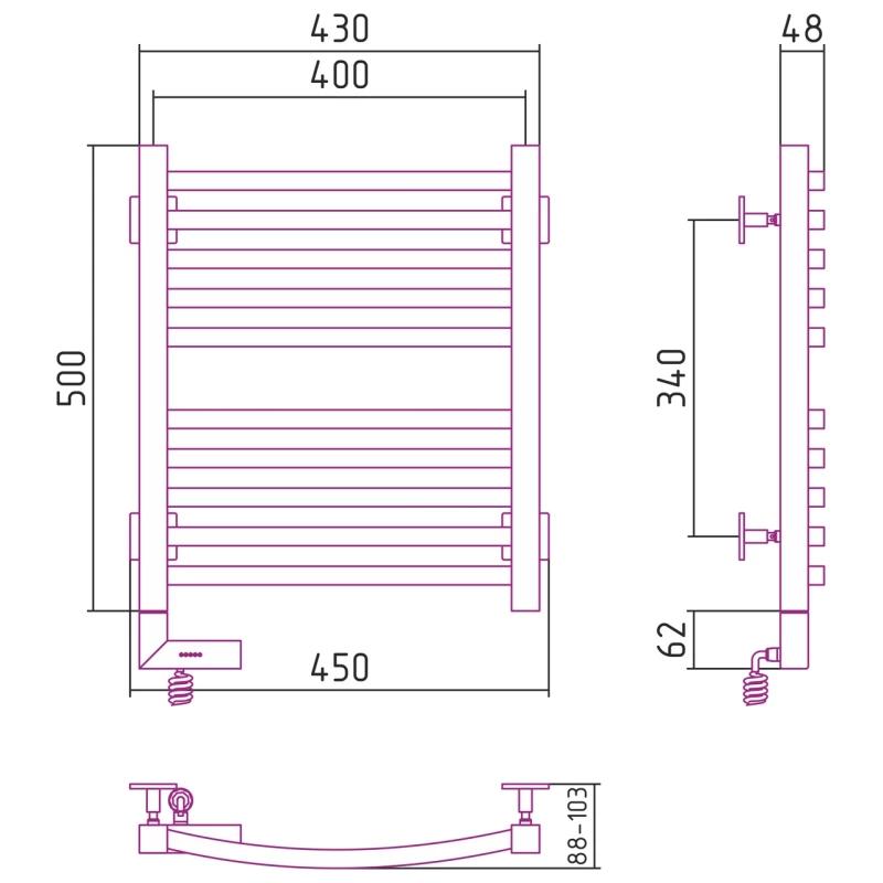 Полотенцесушитель электрический 500x400 графит МЭМ левый Сунержа Аркус 2.0 012-5604-5040
