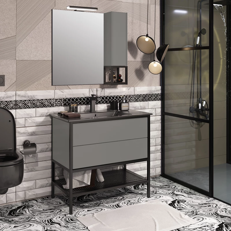 Зеркальный шкаф 80x80 см серый матовый R Opadiris Треви