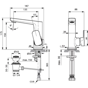 Изображение товара смеситель для раковины с донным клапаном ideal standard tonic ii a6332aa