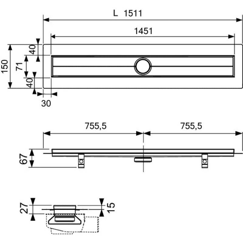 Душевой канал 1443 мм белый Tece TECEdrainline glass 601500 + 650000 + 660016 + 601591