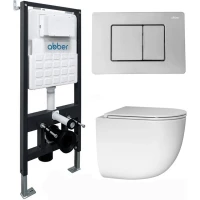Комплект инсталляция с унитазом Abber AC1132TC-AC0105-AC0120 с кнопкой смыва, хром + унитаз подвесной Abber Bequem безободковый, торнадо, с сиденьем микролифт, белый