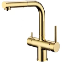 Смеситель для кухни Grocenberg GB4097GO с подключением к фильтру, выдвижным изливом, золотой