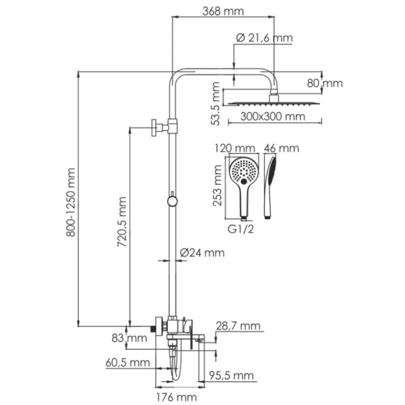 Душевая система 300 мм WasserKRAFT Mindel A185.163.155.WM