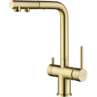 Смеситель для кухни Paulmark Serpentine Se213222-SBG с подключением к фильтру, выдвижным изливом, светлое золото матовый