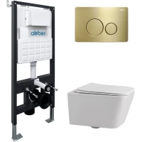 Комплект инсталляция с унитазом Abber AC1201-AC0105-AC0121MMG с кнопкой смыва, золотой матовый + унитаз подвесной Abber Rechteck безободковый, с сиденьем микролифт, белый