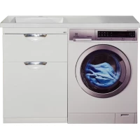 Тумба под раковину Misty Куба П-Куб-01060-0121ЯБК 55 см, напольная, над стиральной машиной, с бельевой корзиной, белый глянец