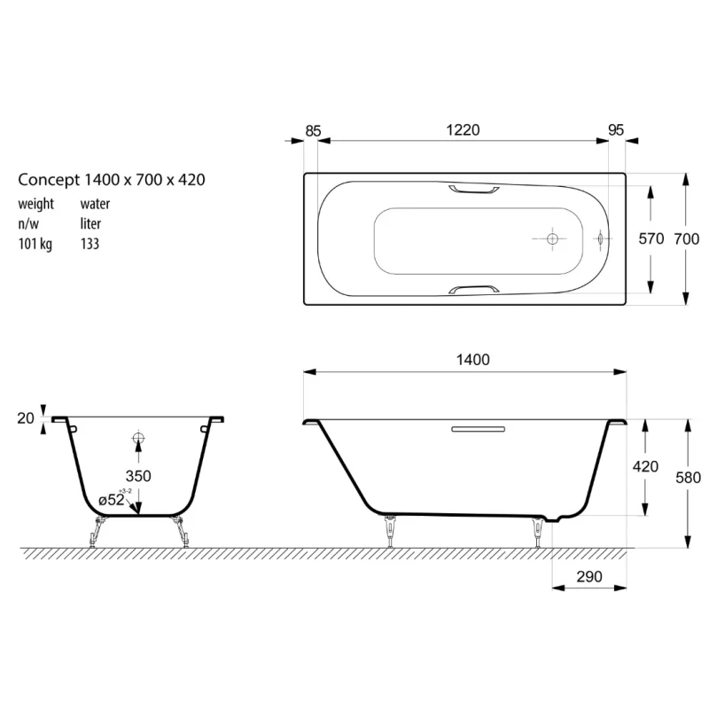 Чугунная ванна 140x70 см с отверстиями для ручек Vinsent Veron Concept VCO1407042H