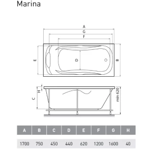 Изображение товара акриловая ванна 170x75 см relisan marina gl000008874