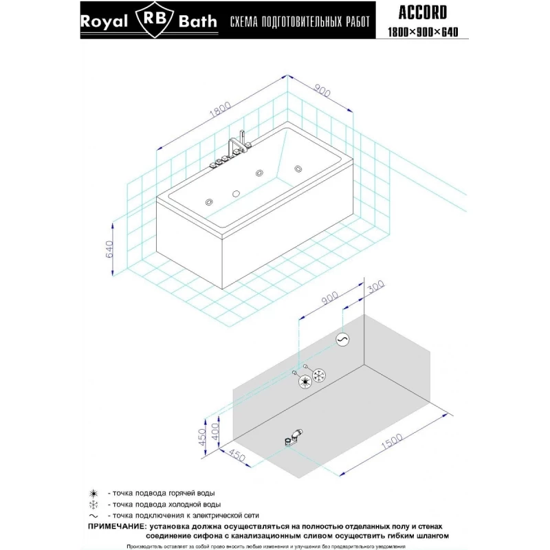 Акриловая гидромассажная ванна 180x90 см Royal Bath Accord Comfort RB627100CO
