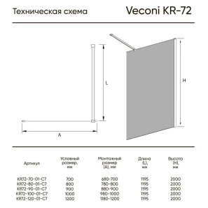 Изображение товара неподвижная перегородка 70 см veconi korato kr72-70-01-c7 прозрачное