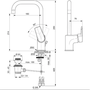 Изображение товара смеситель для раковины с донным клапаном ideal standard tesi a6571aa