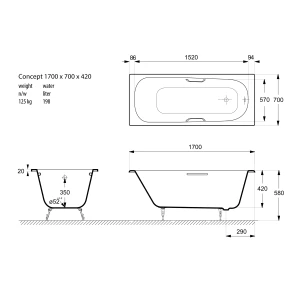 Изображение товара чугунная ванна 170x70 см с отверстиями для ручек vinsent veron concept vco1707042h