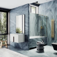 Шторка на ванну MaybahGlass MGV-656-3 69 см, профиль золотой матовый, стекло прозрачное