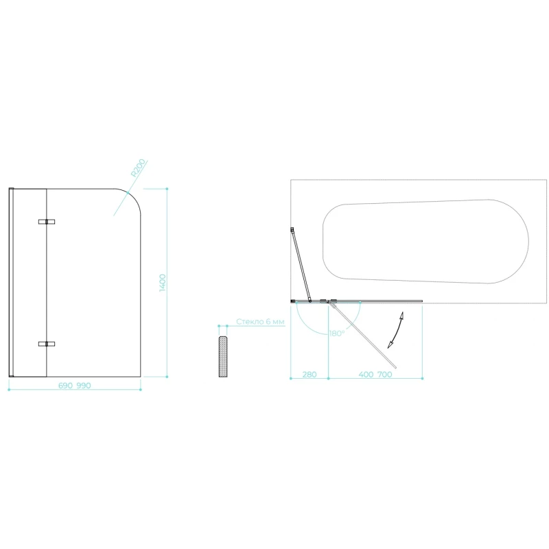 Шторка на ванну MaybahGlass MGV-656-4 69 см, профиль хром, стекло прозрачное
