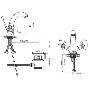 Изображение товара смеситель для раковины с донным клапаном хром, ручки хром cezares golf golf-ls1-01