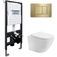 Комплект инсталляция с унитазом Abber AC1100T-AC0105-AC0120MMG с кнопкой смыва, золотой матовый + унитаз подвесной Abber Bequem безободковый, торнадо, с сиденьем микролифт, белый