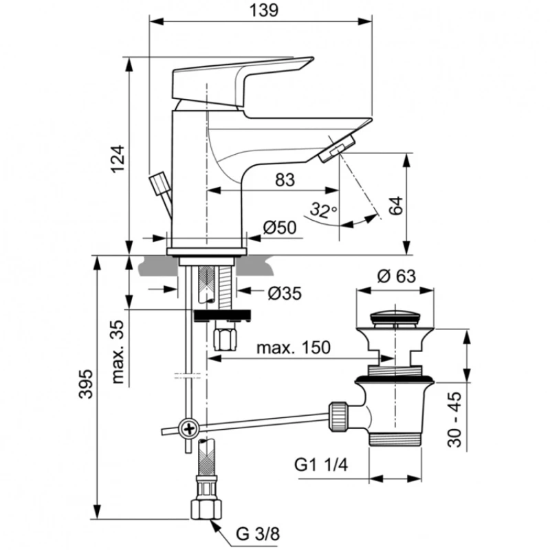 Смеситель для раковины с донным клапаном Ideal Standard Tesi A6566AA