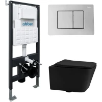 Комплект инсталляция с унитазом Abber AC1201MB-AC0105-AC0120 с кнопкой смыва, хром + унитаз подвесной Abber Rechteck безободковый, с сиденьем микролифт, черный матовый