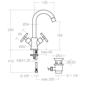 Изображение товара смеситель для раковины с донным клапаном ramon soler rs-cross 6202va1167