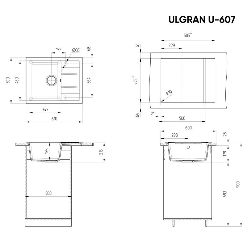 Кухонная мойка Ulgran серый U-607-310