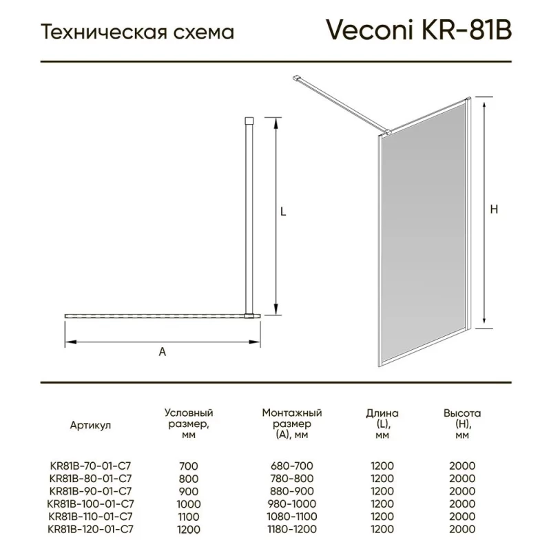 Неподвижная перегородка 100 см Veconi Korato KR81B-100-01-C7 прозрачное