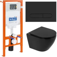 Комплект инсталляция с унитазом BelBagno Prospero BB062CHR-MB/BB062SC-MB/BB002-80/BB007-PR-NERO.M с кнопкой смыва,черный матовый + унитаз подвесной BelBagno Colorato безободковый, с сиденьем микролифт, черный матовый
