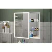 Зеркальный шкаф Misty Аперио МВК006 80x80 см L, с LED-подсветкой, сенсорным выключателем, диммером, белый матовый