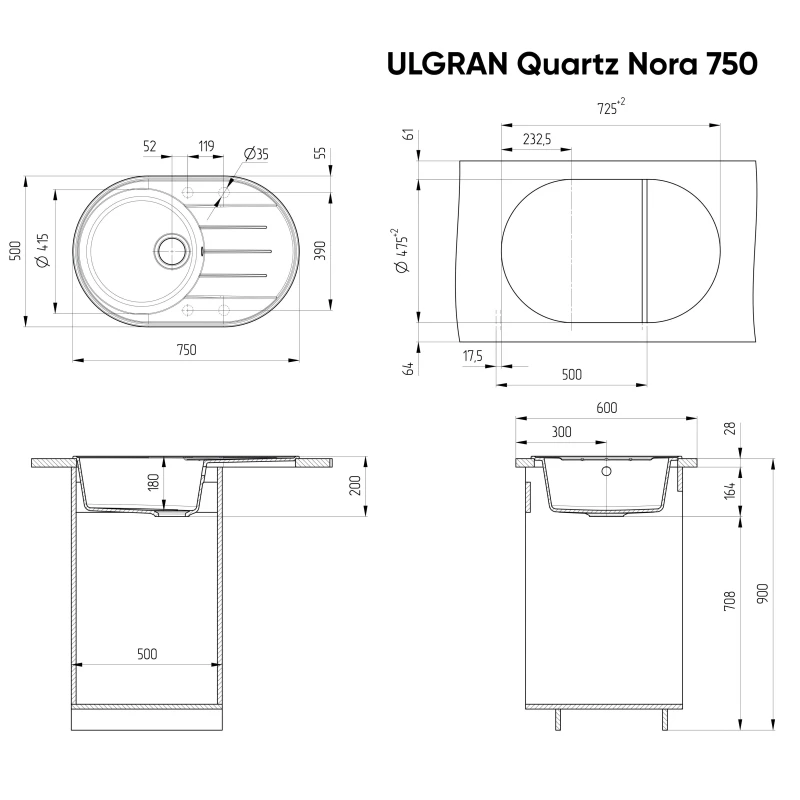 Кухонная мойка Ulgran мокрый асфальт Nora 750-09