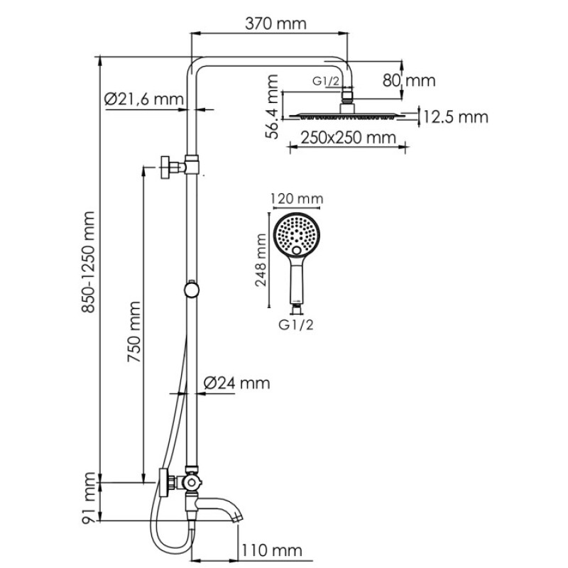 Душевая система 250 мм WasserKRAFT Sauer A188.256.207.PG Thermo