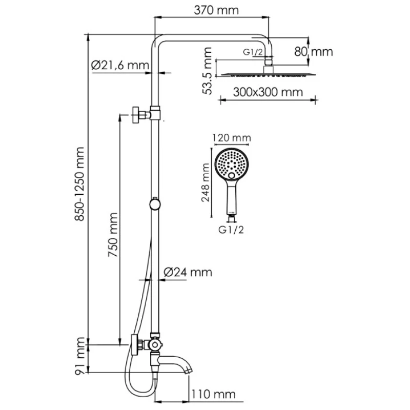 Душевая система 300 мм WasserKRAFT Sauer A188.261.207.PG Thermo
