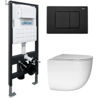 Комплект инсталляция с унитазом Abber AC1132TC-AC0105-AC0120MB с кнопкой смыва, черный матовый + унитаз подвесной Abber Bequem безободковый, торнадо, с сиденьем микролифт, белый