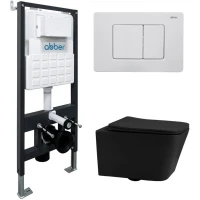 Комплект инсталляция с унитазом Abber AC1201MB-AC0105-AC0120MW с кнопкой смыва, белый матовый + унитаз подвесной Abber Rechteck безободковый, с сиденьем микролифт, черный матовый