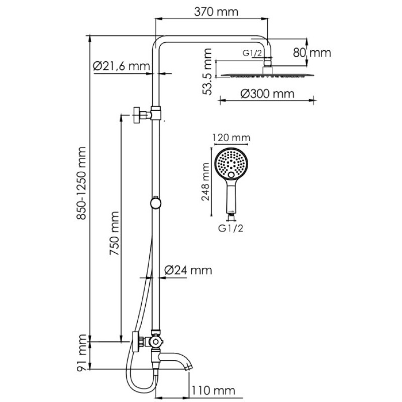 Душевая система 300 мм WasserKRAFT Sauer A188.263.207.PG Thermo
