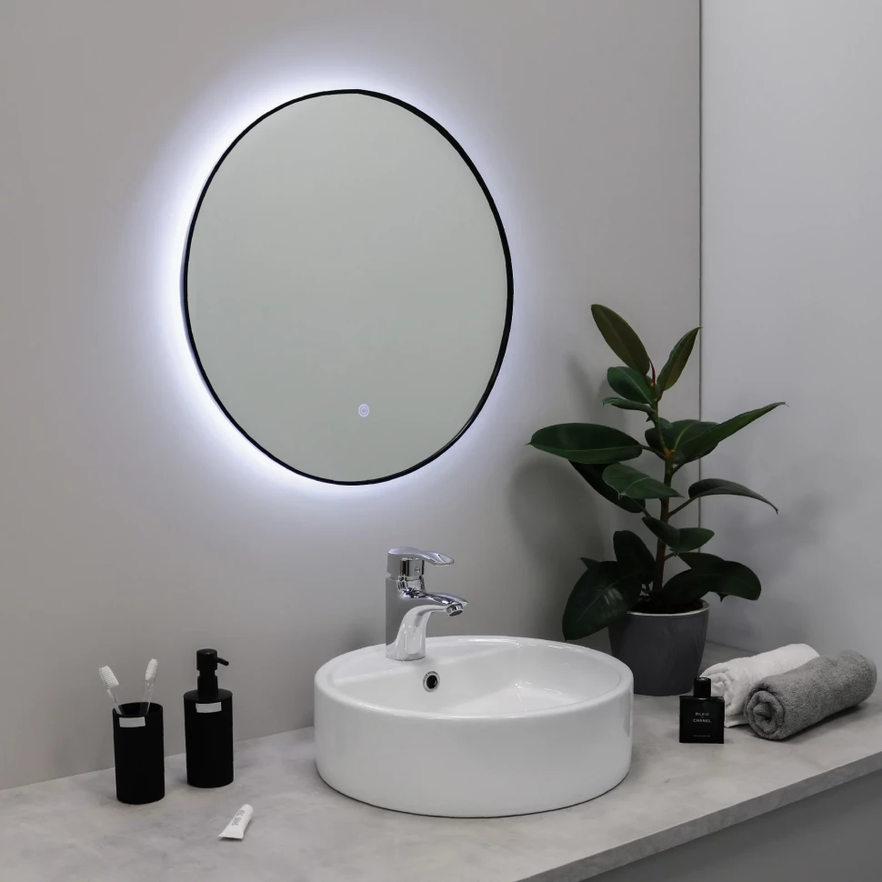 Зеркало Fixsen FX-1070B 70x70 см, с LED-подсветкой, сенсорным выключателем, диммером, черный матовый